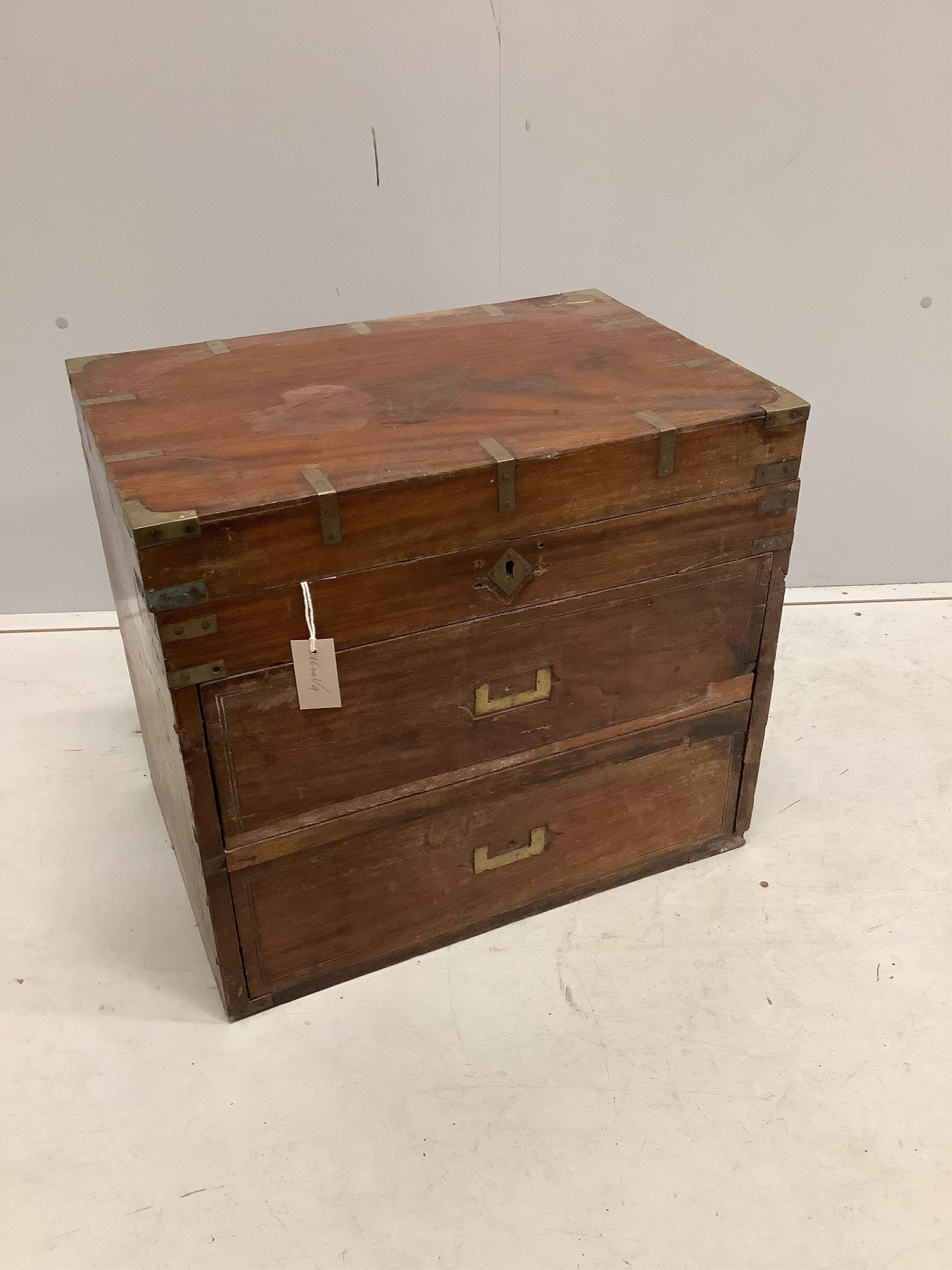 A 19th century brass mounted teak trunk with dummy drawer front, width 60cm, depth 41cm, height 54cm. Condition - fair